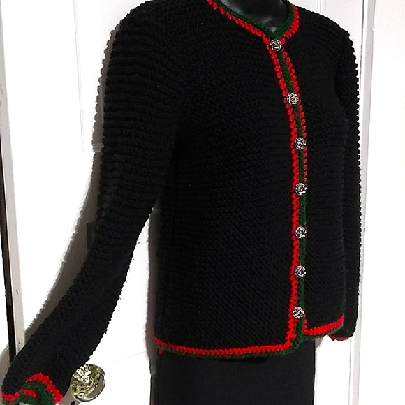 VINTAGE Crocheted Christmas Holiday Cardigan w Rose Buttons - O-O-A-K Hand-Made - Picture 3 of 16